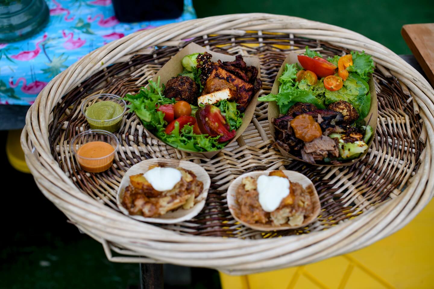 A basket with foods in boats.