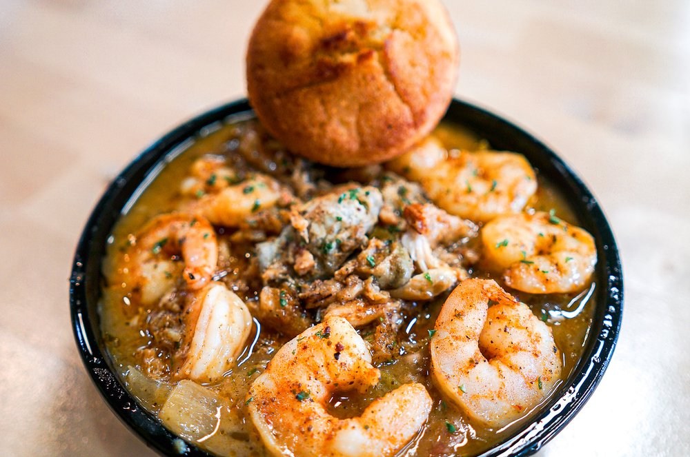 A round black bowl of gumbo.